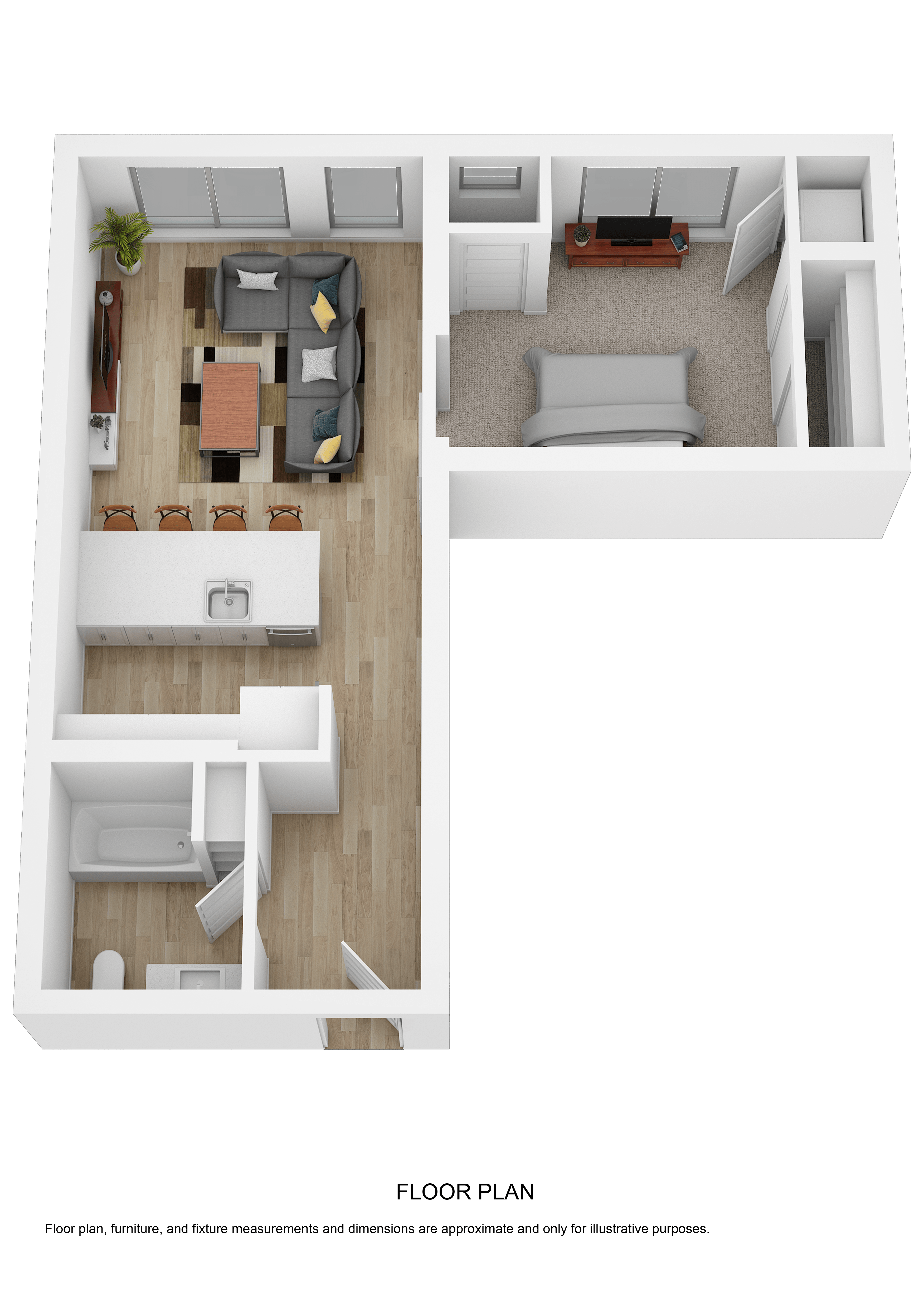 Floor plan for 1 bed, 1 bath, 690 sqft